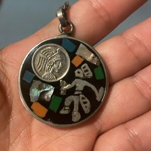 Mexican Vintage Aztec warrior sun double sided pendant necklace